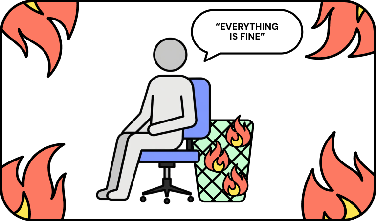 30MPC course illustration: a seller sitting in front of a flaming dumpster saying everything is fine, representing why deals die at the executive level